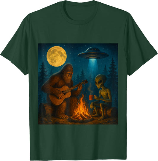 Funny Bigfoot and Alien Campfire Moon UFO Hiking Adventure T-Shirt - T-Shirt | Forest