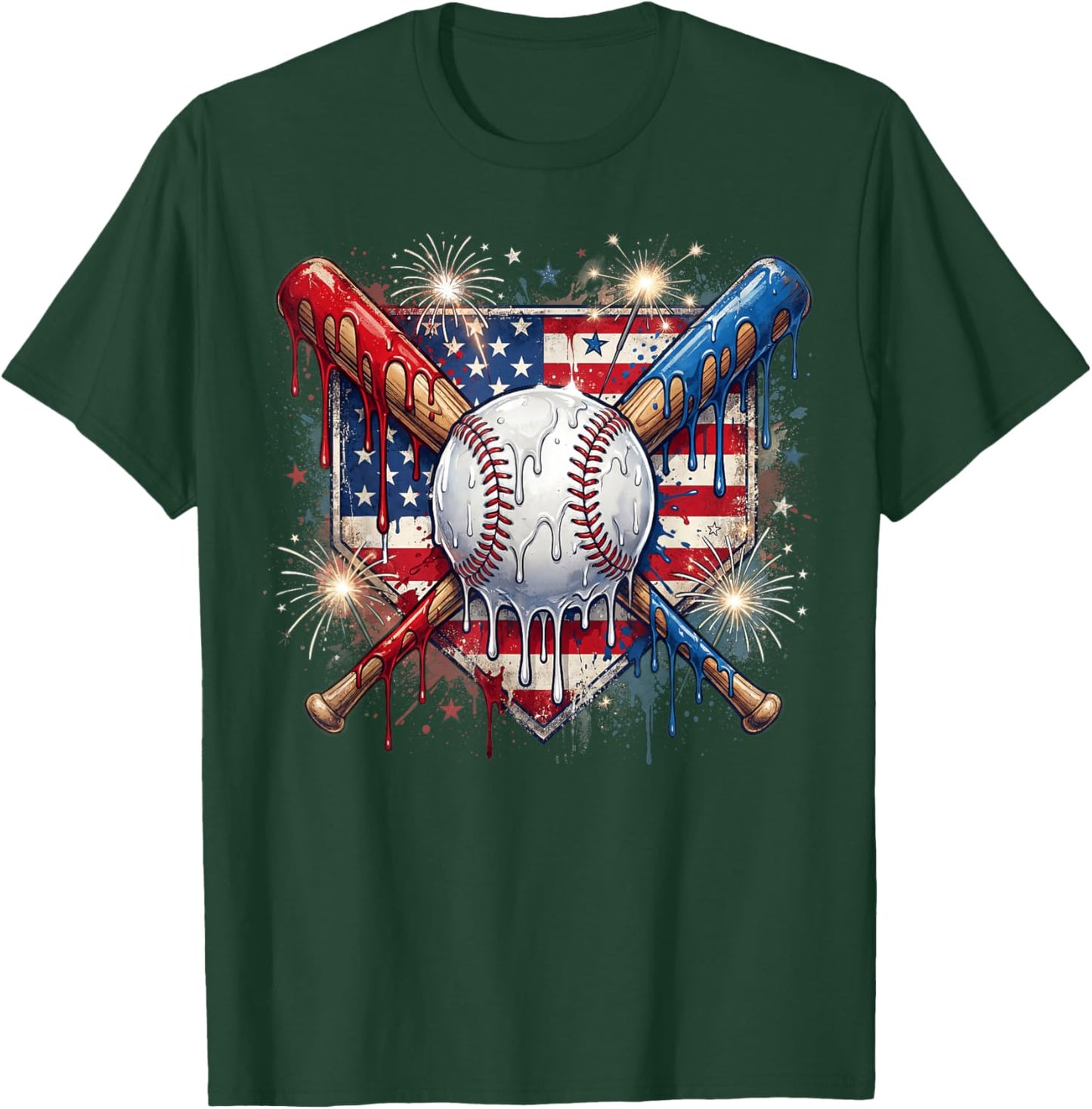 4th of July Baseball Drip Ice Cream Patriotic American Flag T-Shirt - T-Shirt | Forest