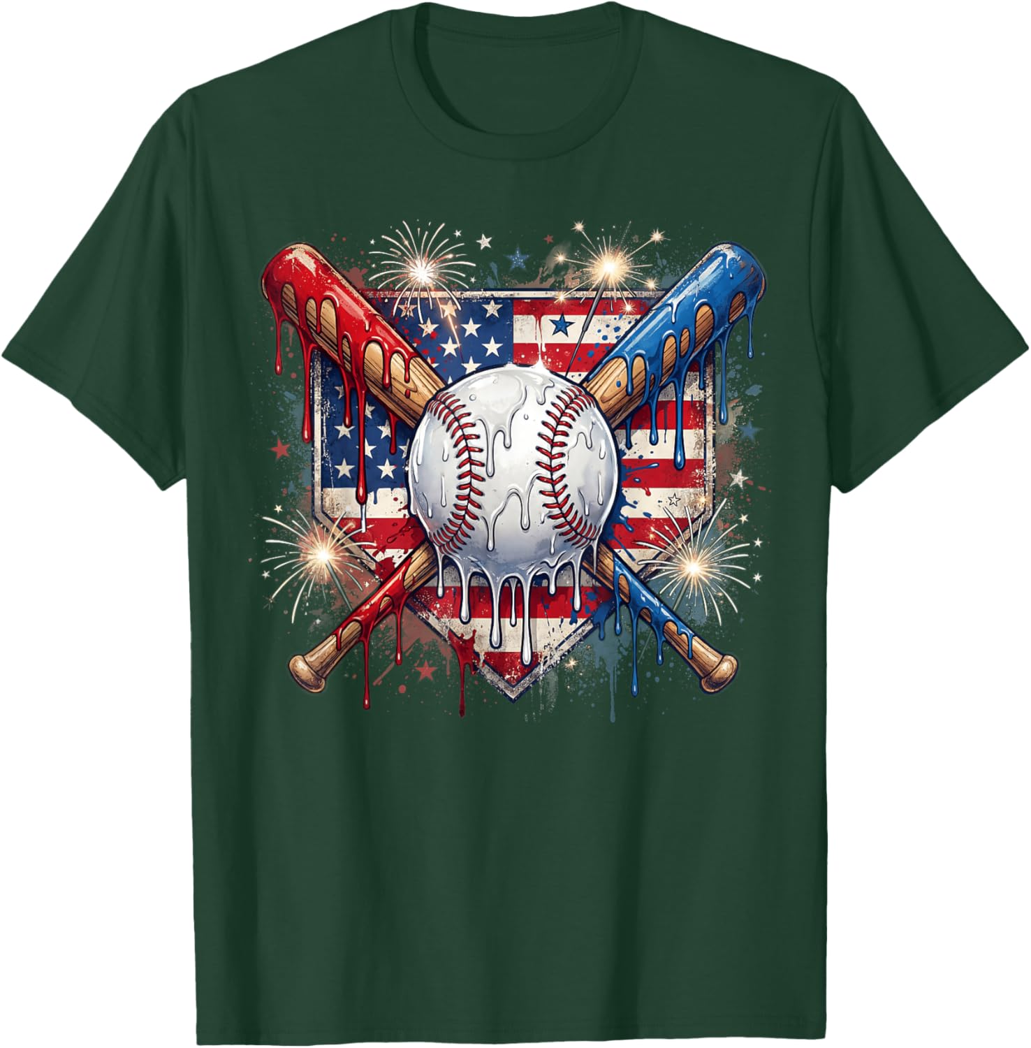 4th of July Baseball Drip Ice Cream Patriotic American Flag T-Shirt - T-Shirt | Forest