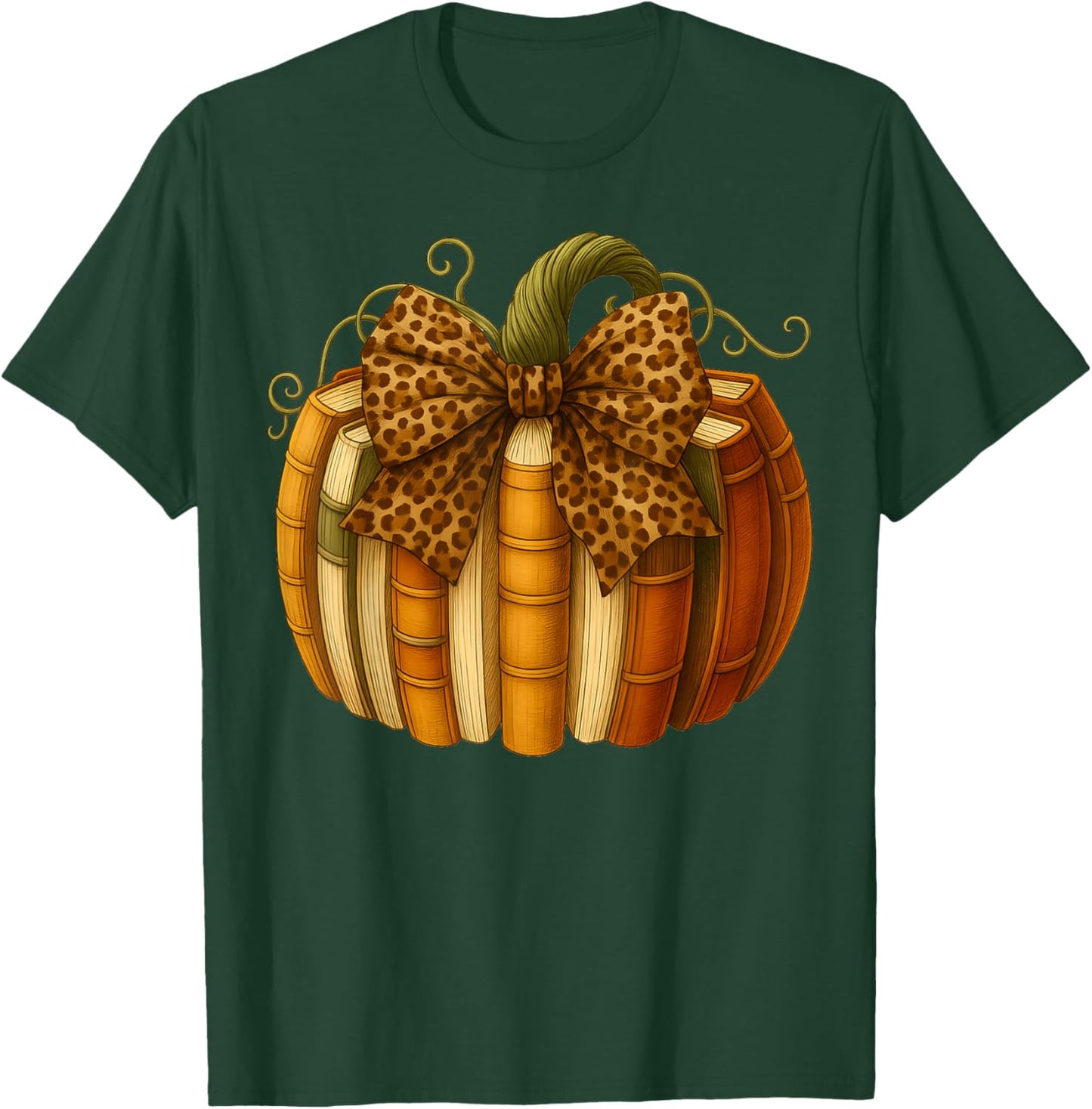 Leopard Bow Book Pumpkin Thanksgiving Fall Coquette Bow T-Shirt - T-Shirt | Forest