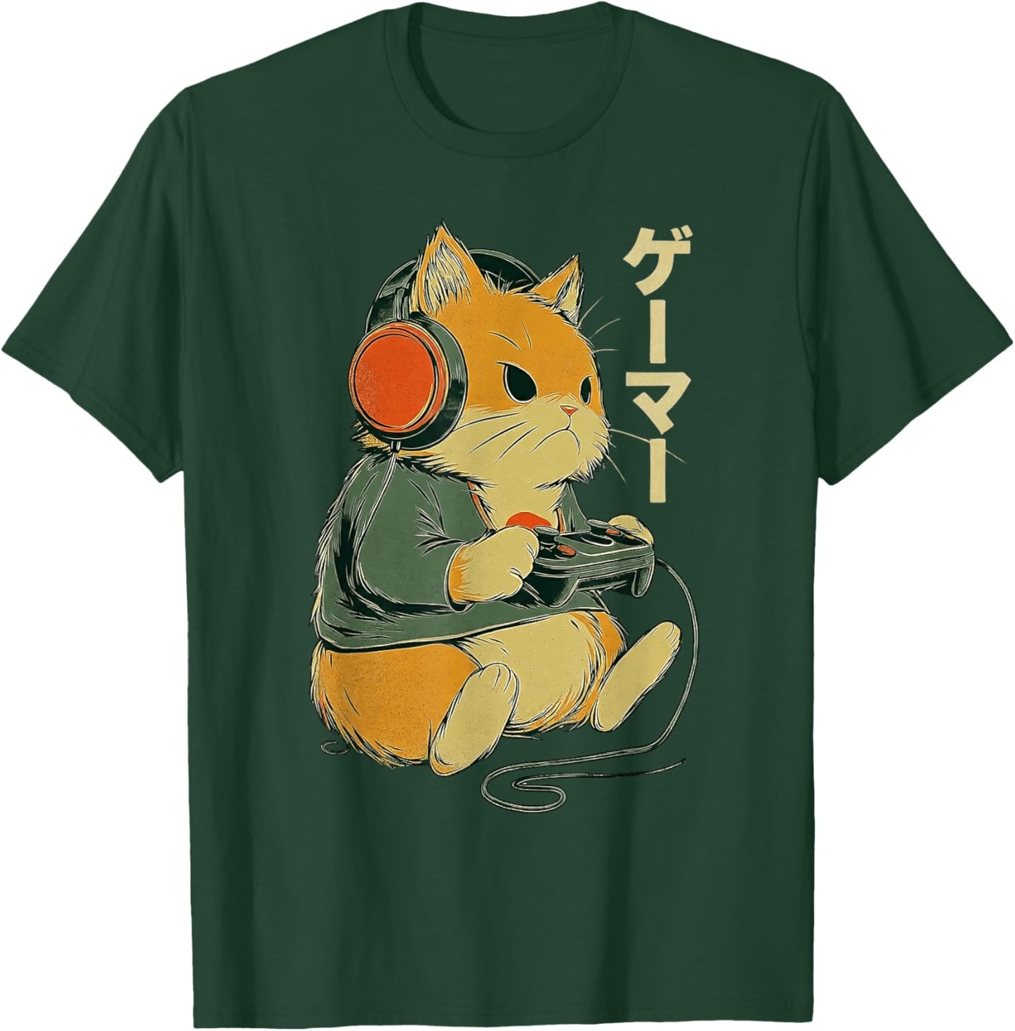Japanese Cat Gamer Art Men Women Boys Funny Vintage Gaming T-Shirt - T-Shirt | Forest