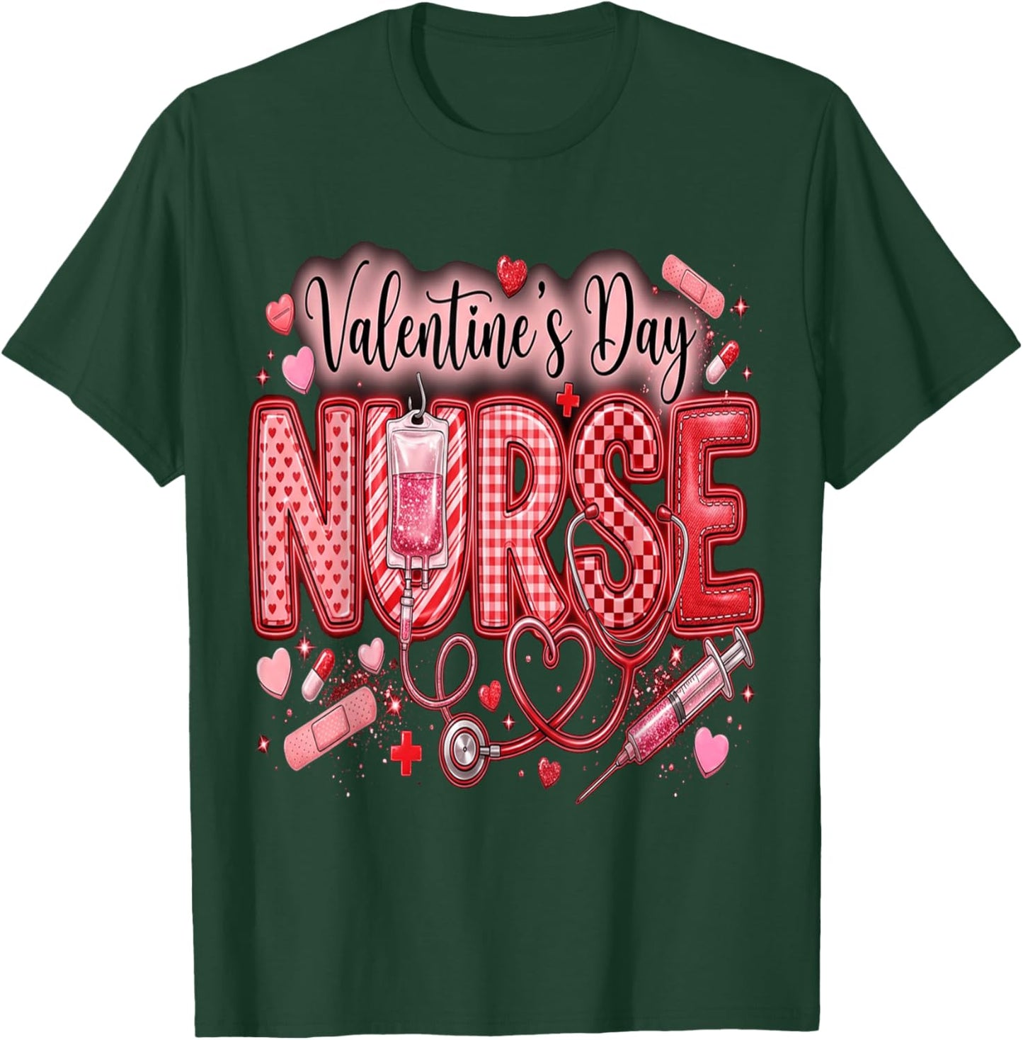 Red Healthcare ER RN CNA ICU Valentine Nurse Heart Nurses T-Shirt - T-Shirt | Forest
