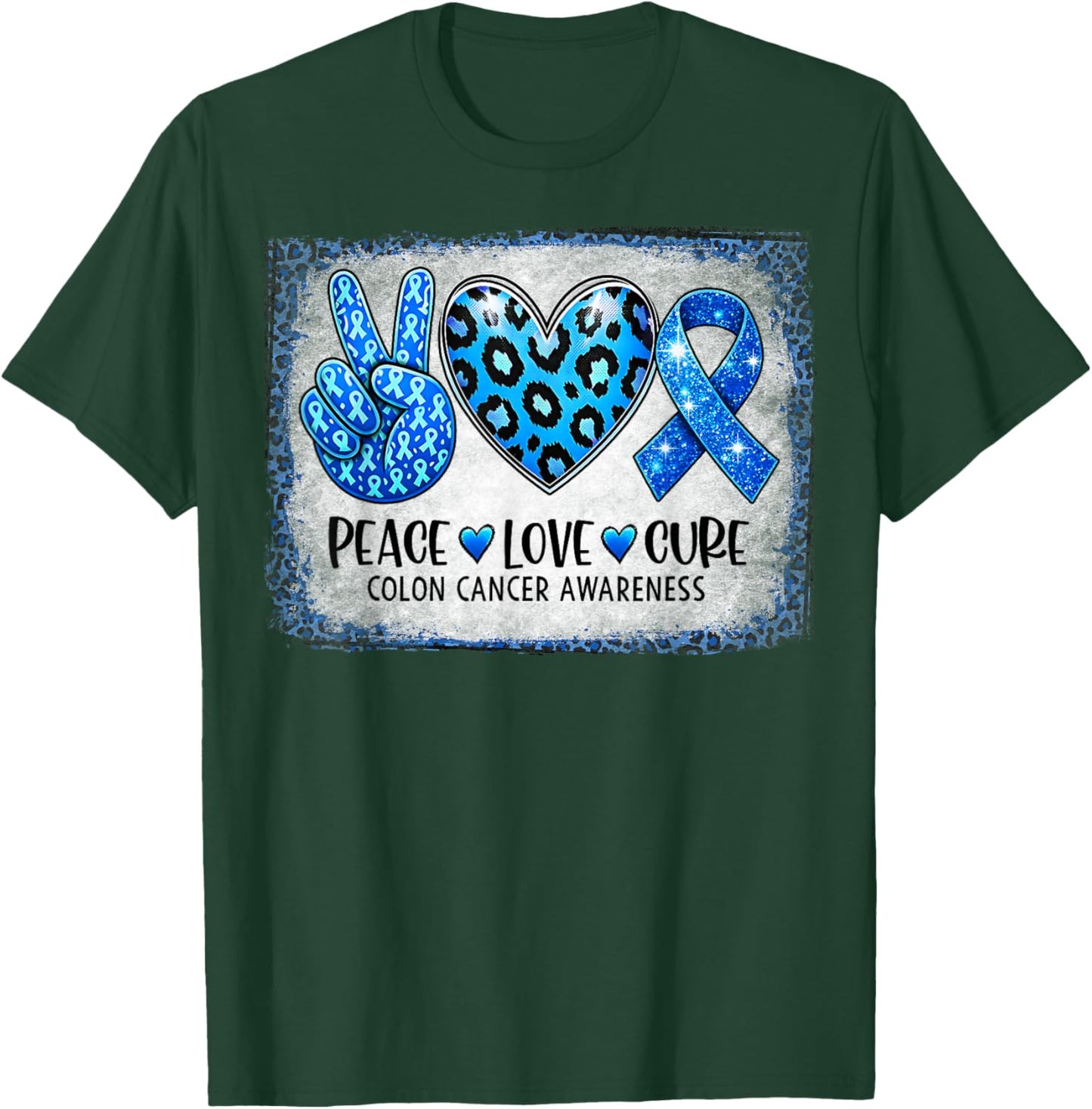 Peace Love Cure Blue Ribbon Leopard Colon Cancer Awareness T-Shirt - T-Shirt | Forest