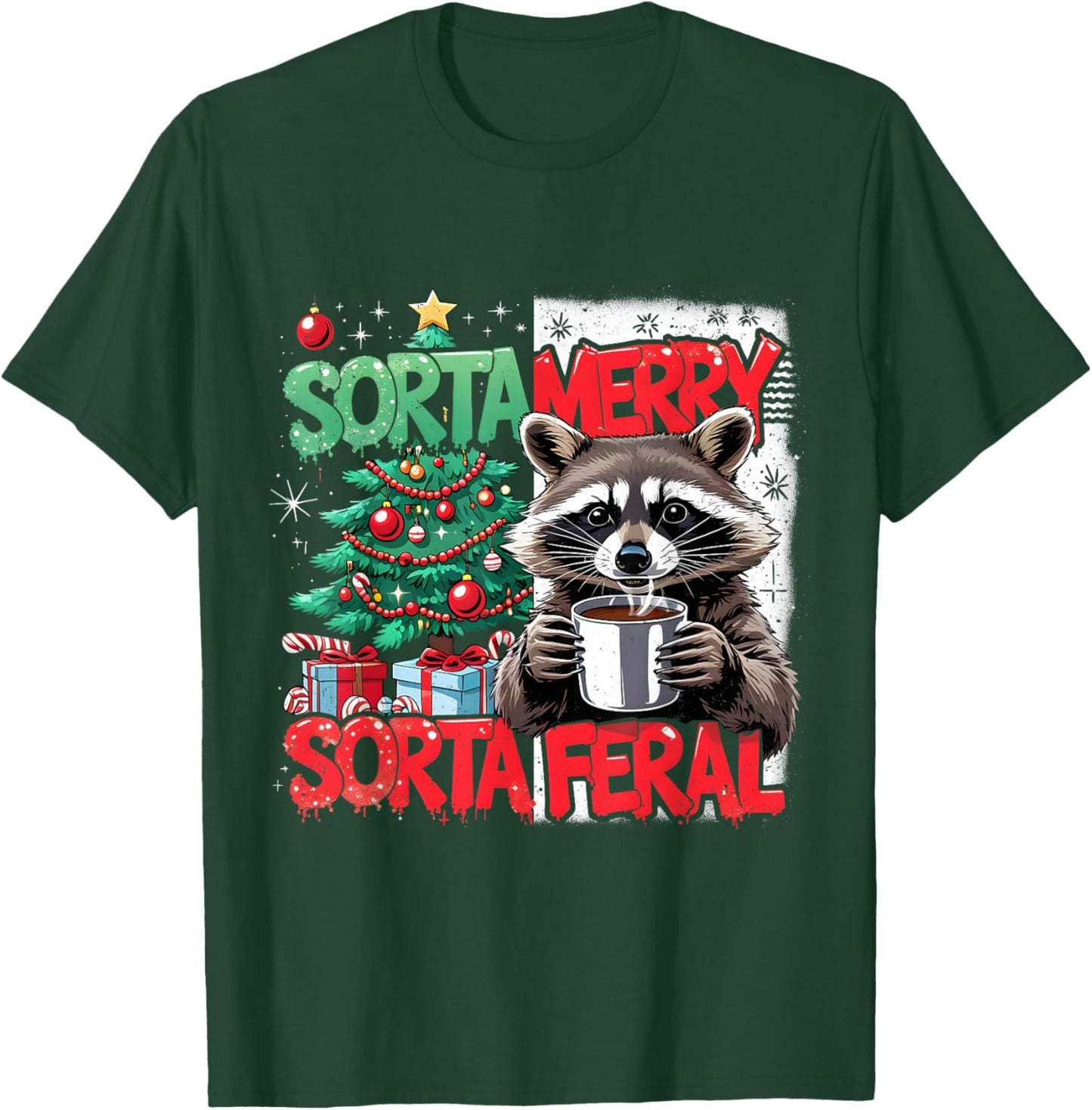 Sorta Merry Feral Raccoon Funny Christmas Holiday T-Shirt - T-Shirt | Forest
