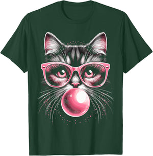 Cute Cat with Glasses and Bubblegum T-Shirt - T-Shirt | Forest