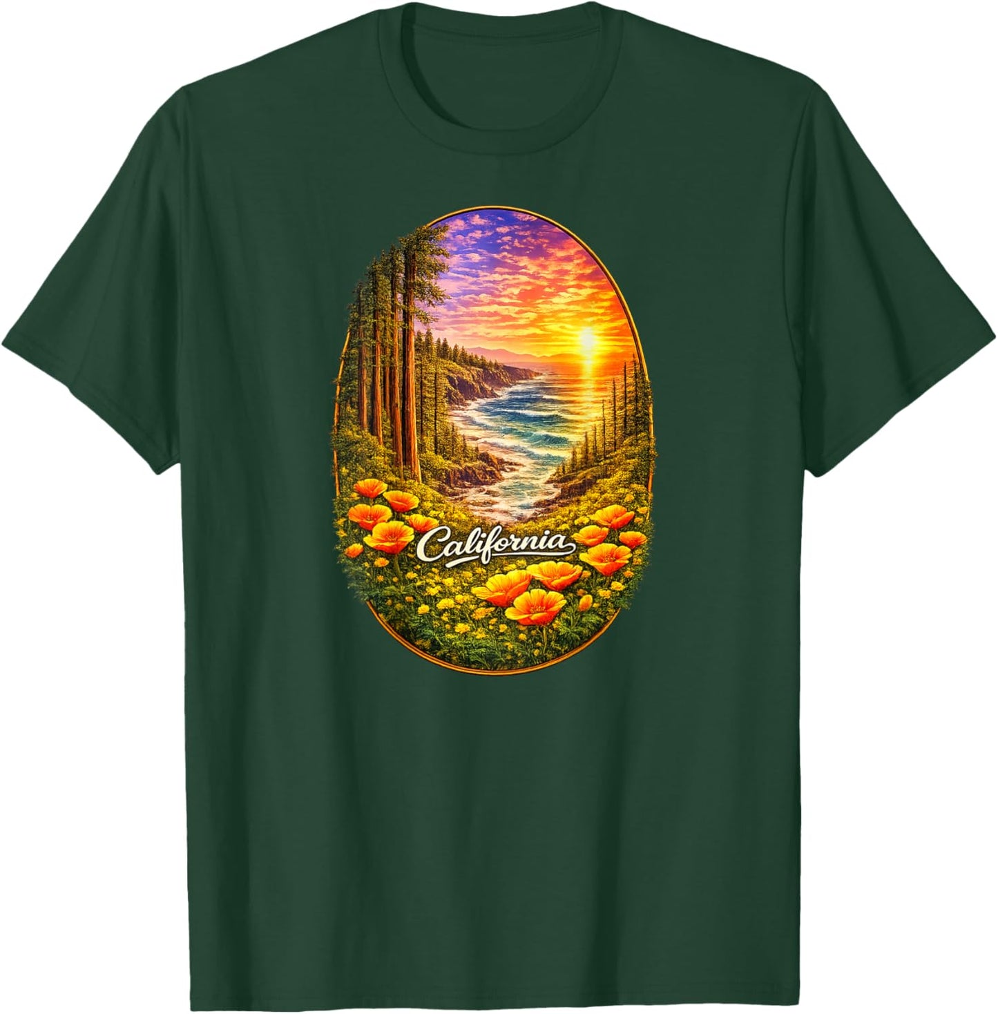 California Coast Redwood Ocean Poppy Nature Back Print T-Shirt - T-Shirt | Forest