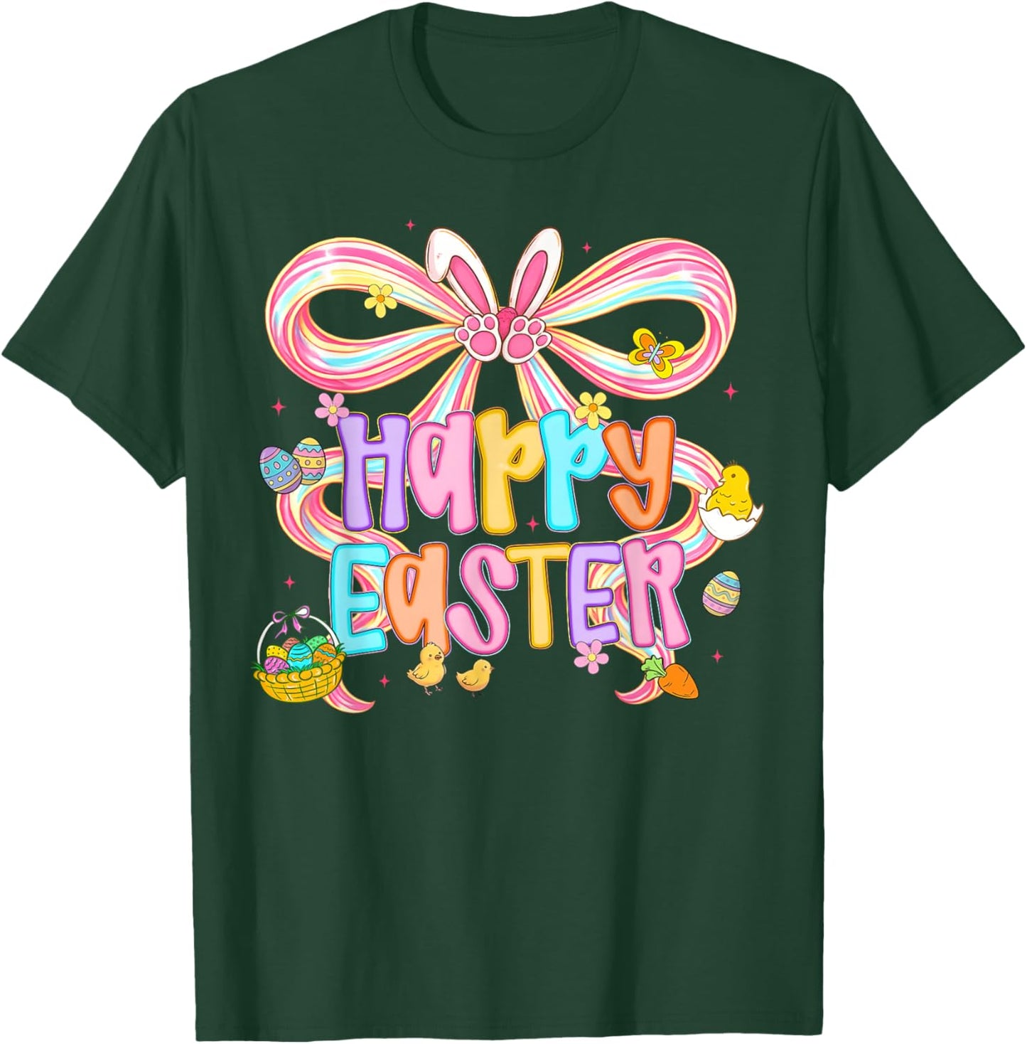 Happy Easter Coquette Bow Cute Bunny Eggs Spring Women Girls T-Shirt - T-Shirt | Forest