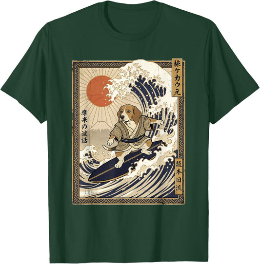 Beagle Japanese Surfing Kanagawa Wave Funny Samurai Dog T-Shirt - T-Shirt | Forest
