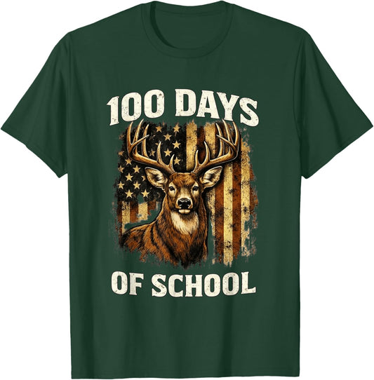 Hunting Deer 100 Days of School USA camo Flag Boy Kids Girl T-Shirt - T-Shirt | Forest