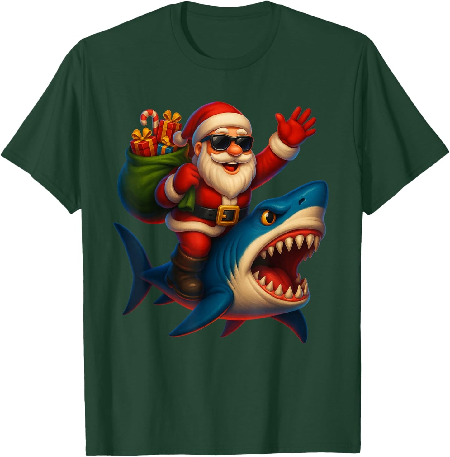 Funny Shark Santa Christmas Lights Xmas Squad Boys Kids T-Shirt - T-Shirt | Forest