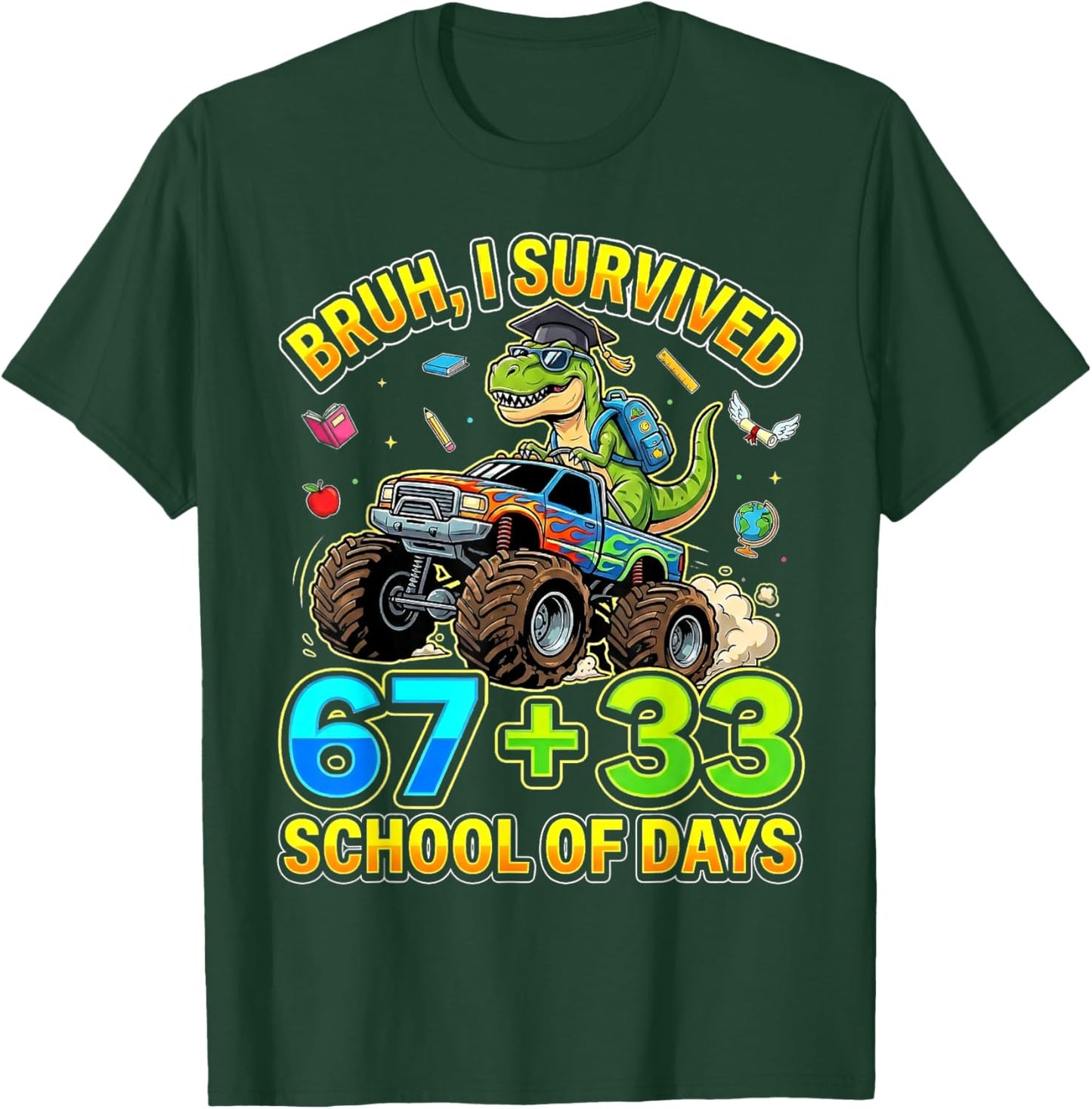 I Survived 67 33 Days of School Dinosaur Youth Kids Boy Girl T-Shirt - T-Shirt | Forest
