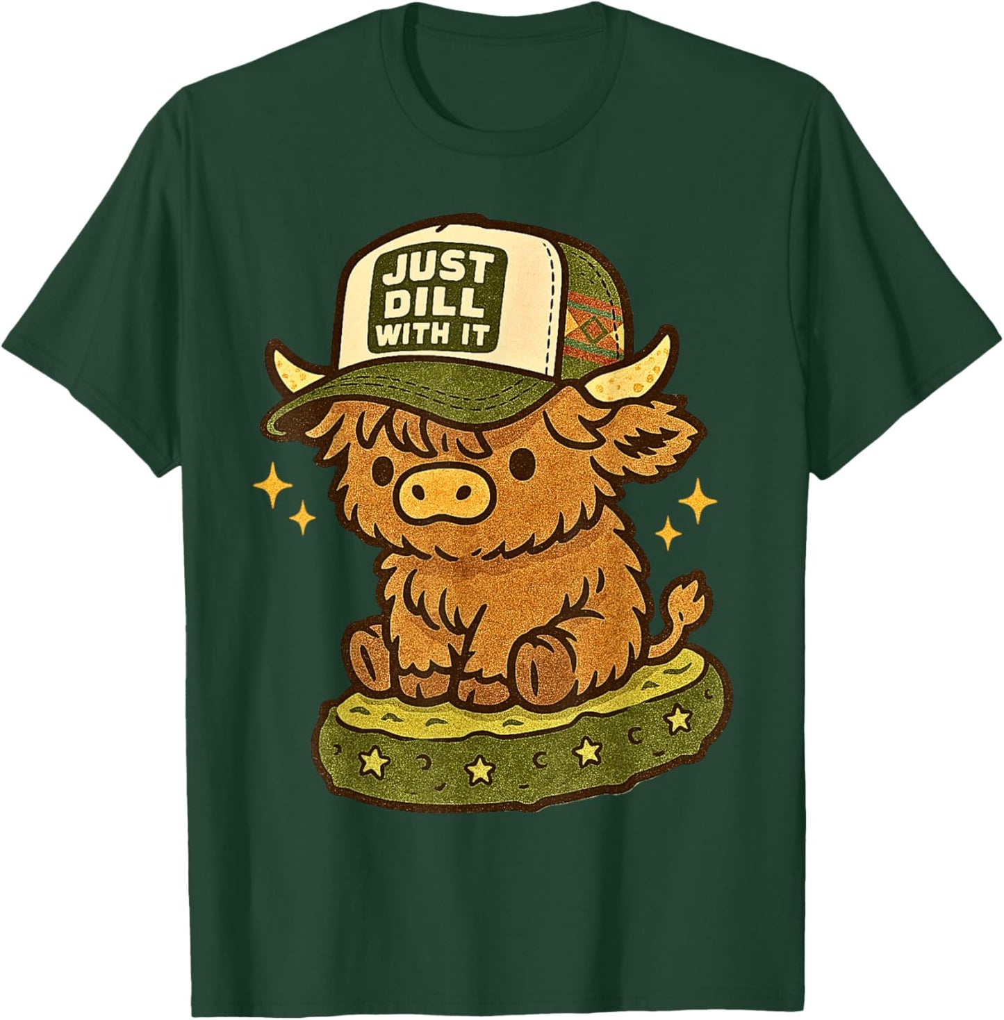 Just Dill with It Cute Highland Cow Pickle Pun T-Shirt - T-Shirt | Forest