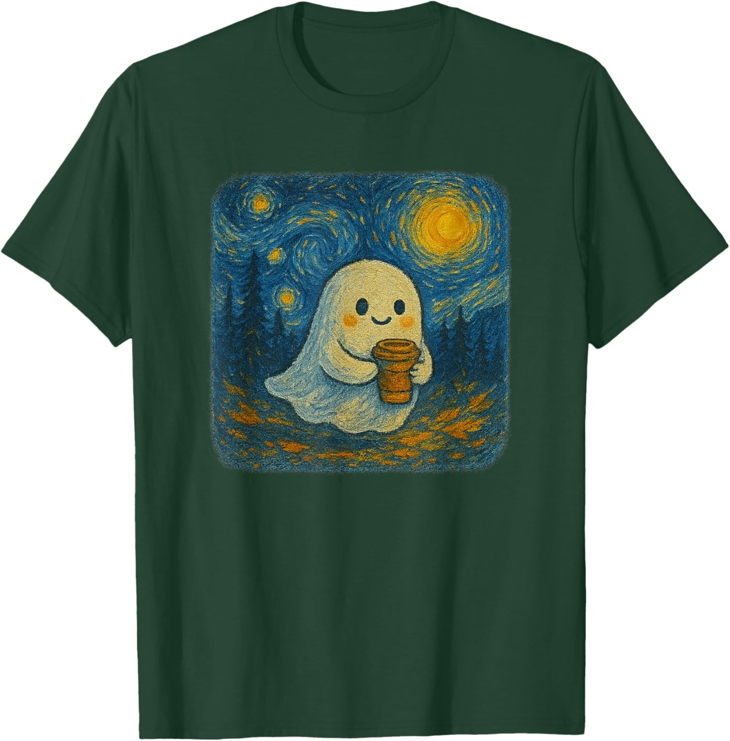 Funny Ghost Pumpkin Spice Latte Starry Night Halloween T-Shirt - T-Shirt | Forest