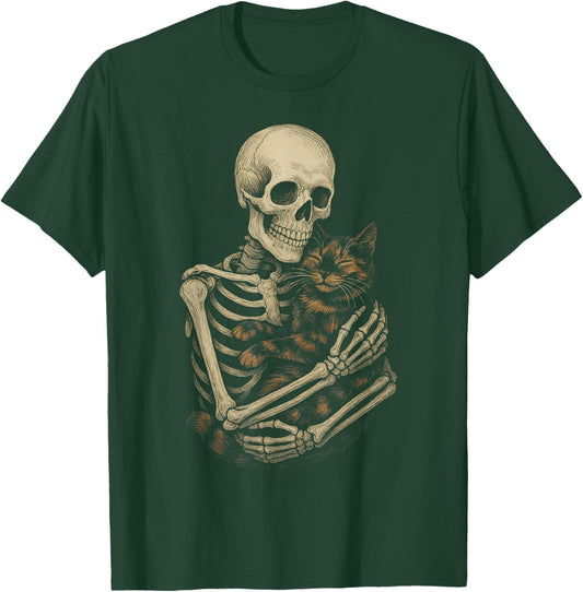 Skeleton Hugging Tortoiseshell Cat Funny Halloween T-Shirt - T-Shirt | Forest