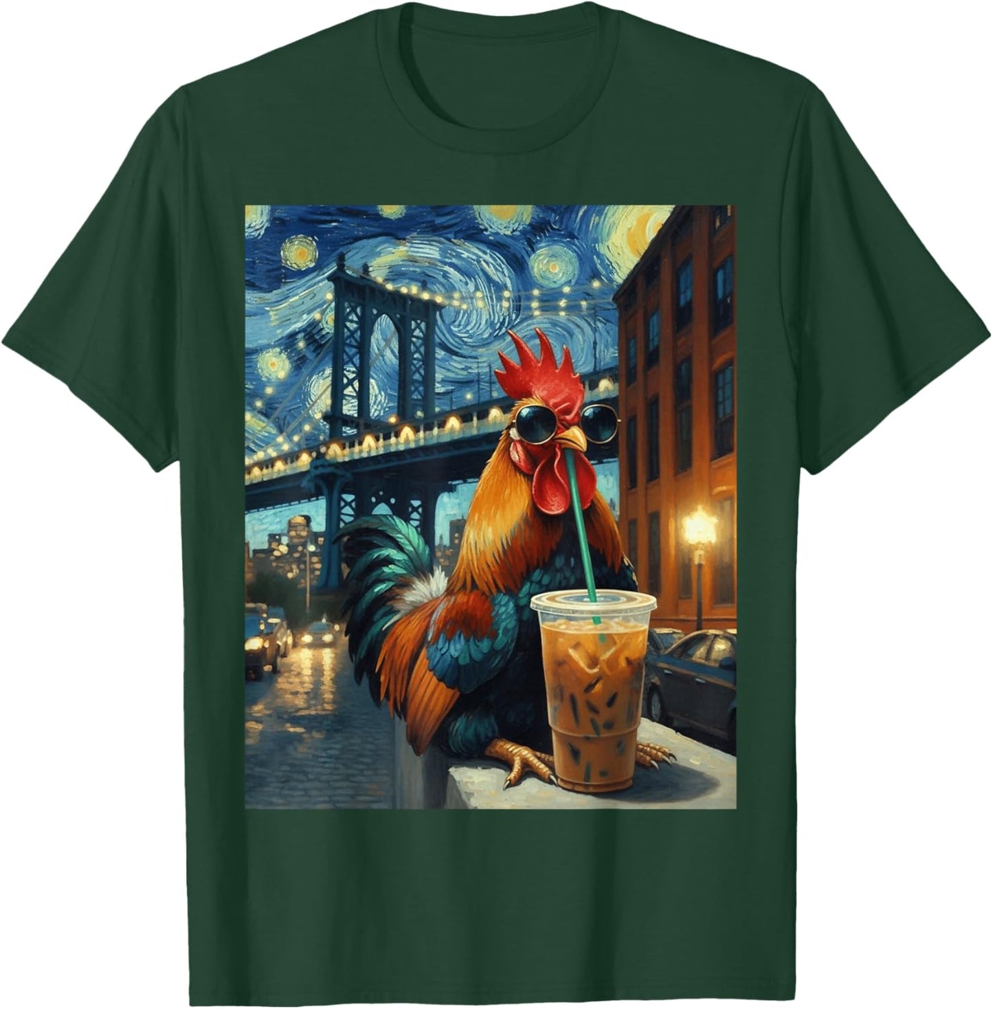 Rooster Drinking Coffee Starry Night Animal T-Shirt - T-Shirt | Forest