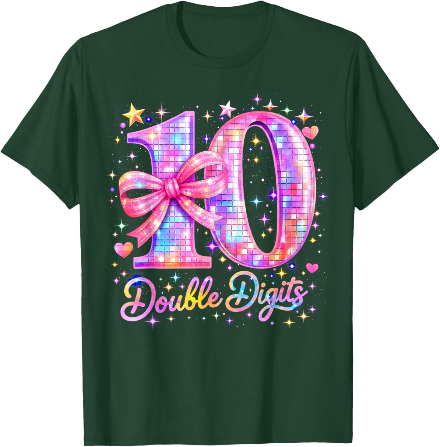 10th Birthday Girl Pink Coquette Bow 10 Year Old Disco Ball T-Shirt - T-Shirt | Forest