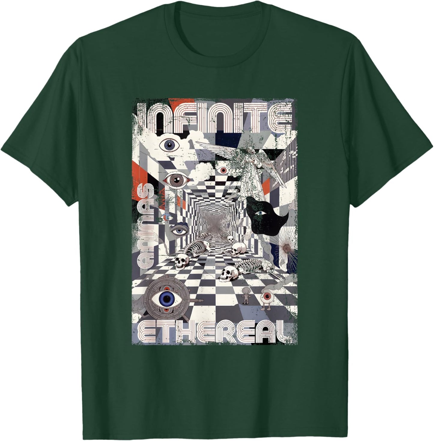 Weirdcore Eyes Skeleton Glitch Art Surreal Checkered Floor T-Shirt - T-Shirt | Forest