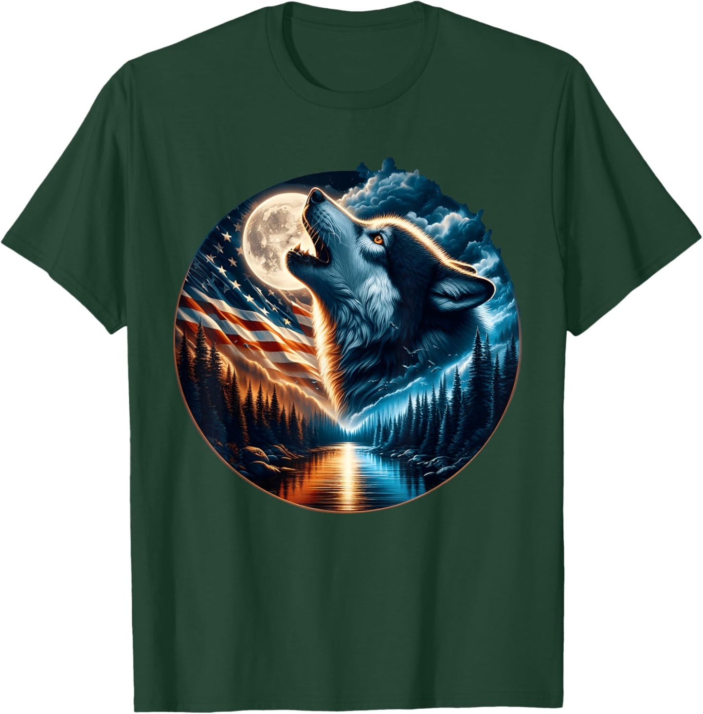 Wolf Howling Moon Wolves 4th of July American Flag Wildlife T-Shirt - T-Shirt | Forest