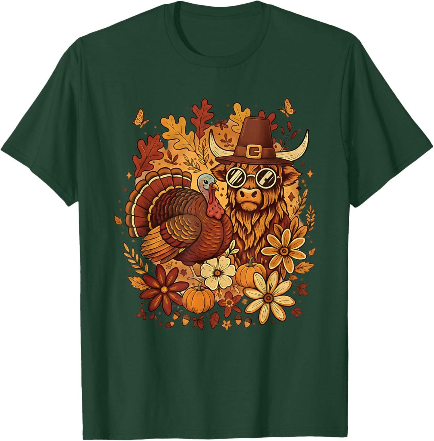 Retro Fall Highland Cow Turkey Autumn Pumpkin Thanksgiving T-Shirt - T-Shirt | Forest