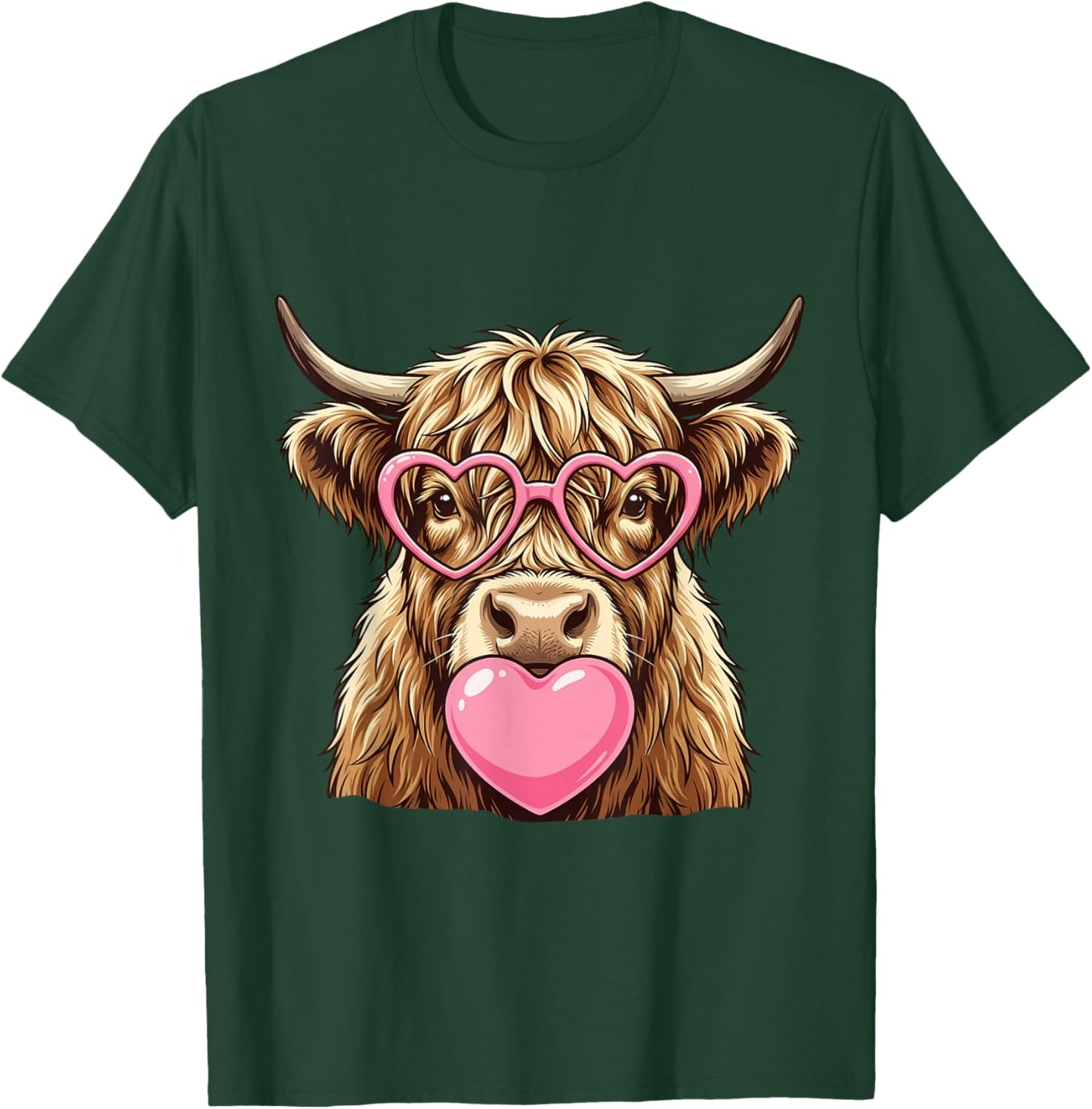 Cute Highland Cow Blowing Pink Valentine Heart Bubble Gum T-Shirt - T-Shirt | Forest