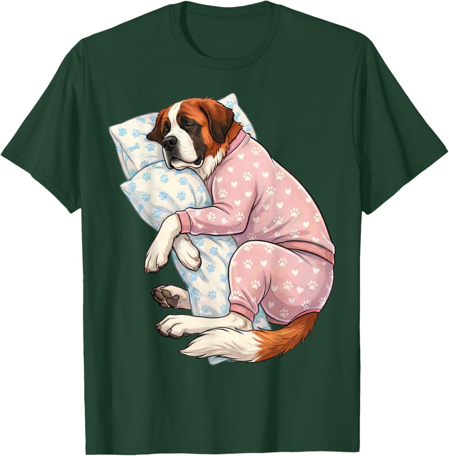 Cute Saint Bernard Dog Sleeping in Pajamas Bedtime Art T-Shirt - T-Shirt | Forest