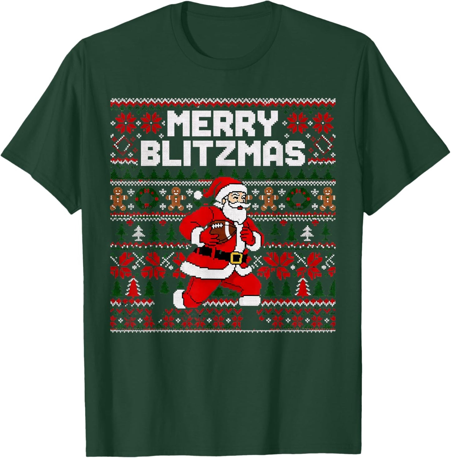 Christmas Merry Blitzmas Santa Football Ugly Sweater Style T-Shirt - T-Shirt | Forest