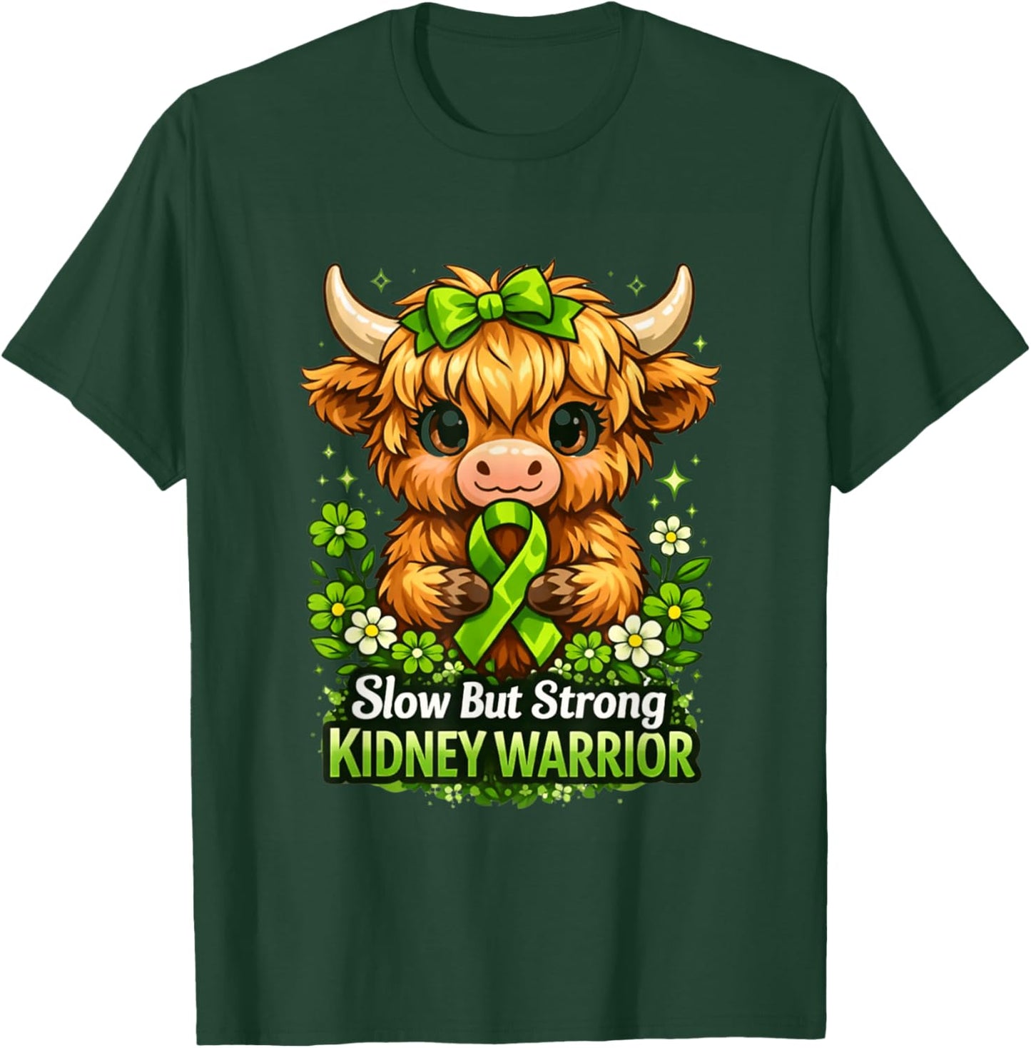 Slow But Strong Kidney Warrior Highland Cow Disease Awarenes T-Shirt - T-Shirt | Forest