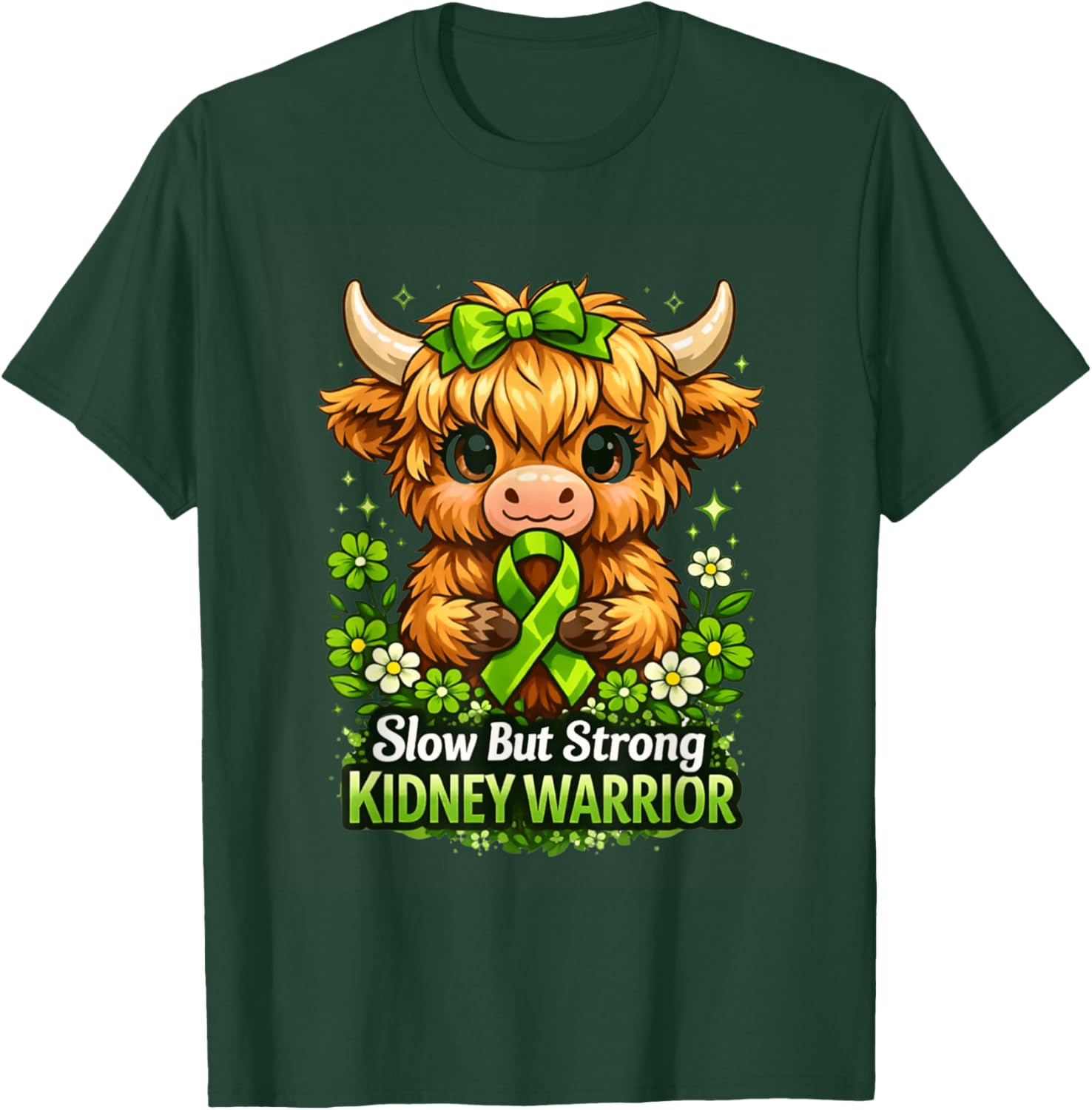 Slow But Strong Kidney Warrior Highland Cow Disease Awarenes T-Shirt - T-Shirt | Forest