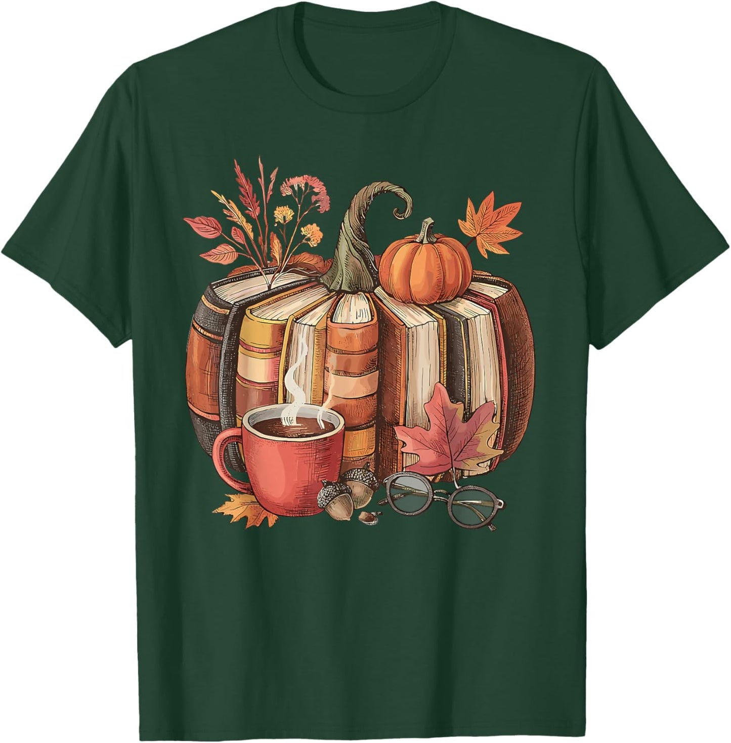 Fall Book Pumpkin Retro Reading Halloween Teacher T-Shirt - T-Shirt | Forest