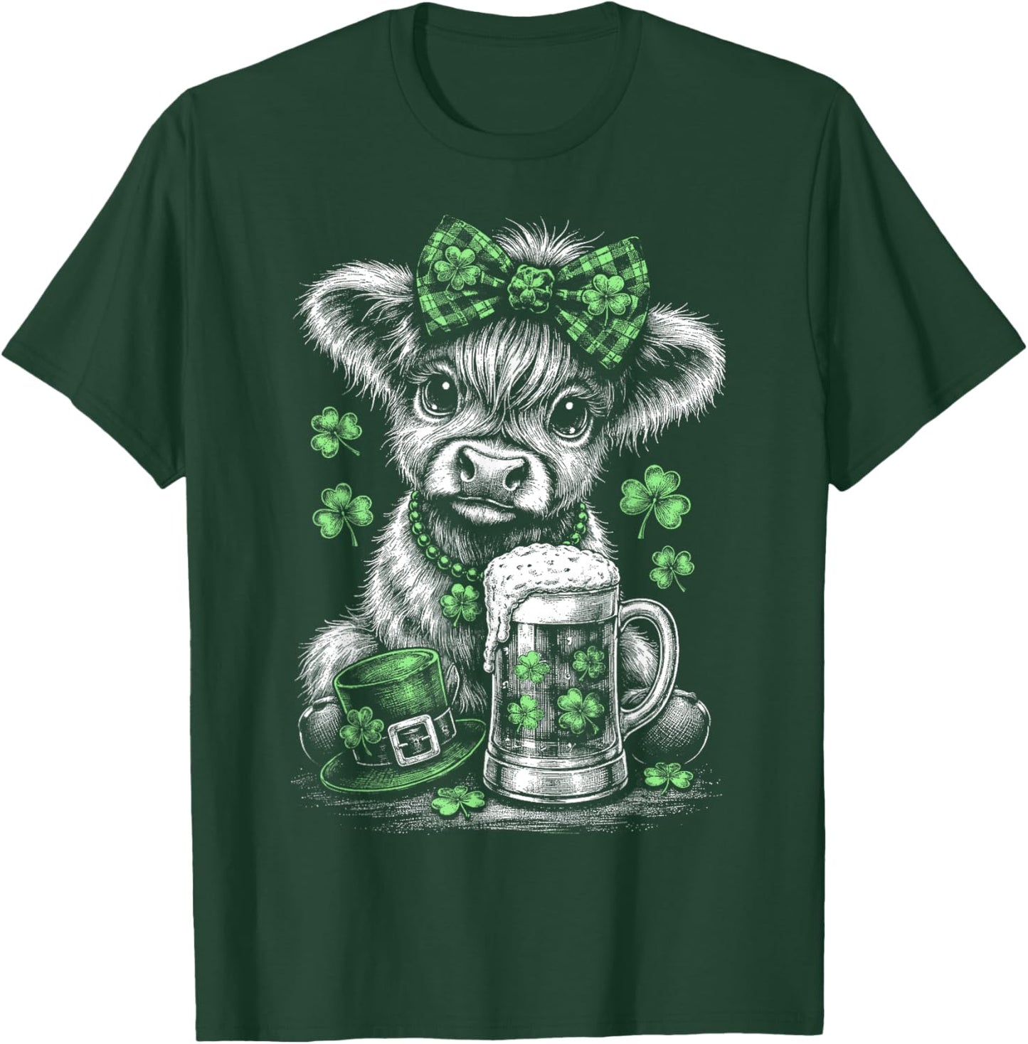 St Patrick's Day Highland Cow Green Plaid Bow Lucky Shamrock T-Shirt - T-Shirt | Forest