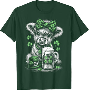 St Patrick's Day Highland Cow Green Plaid Bow Lucky Shamrock T-Shirt - T-Shirt | Forest