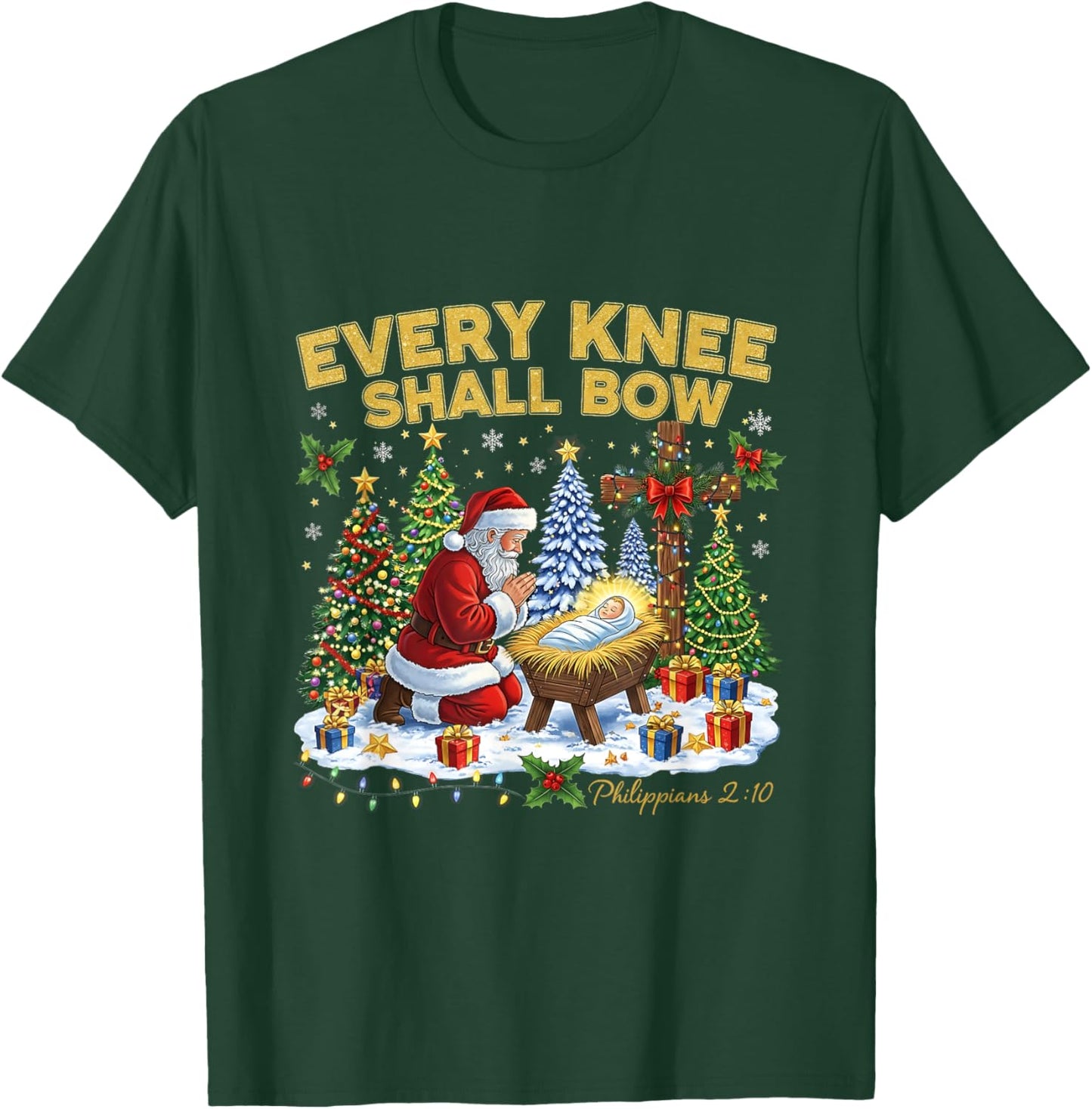Every Knee Shall Bow Santa Christmas Nativity Scene Xmas T-Shirt - T-Shirt | Forest
