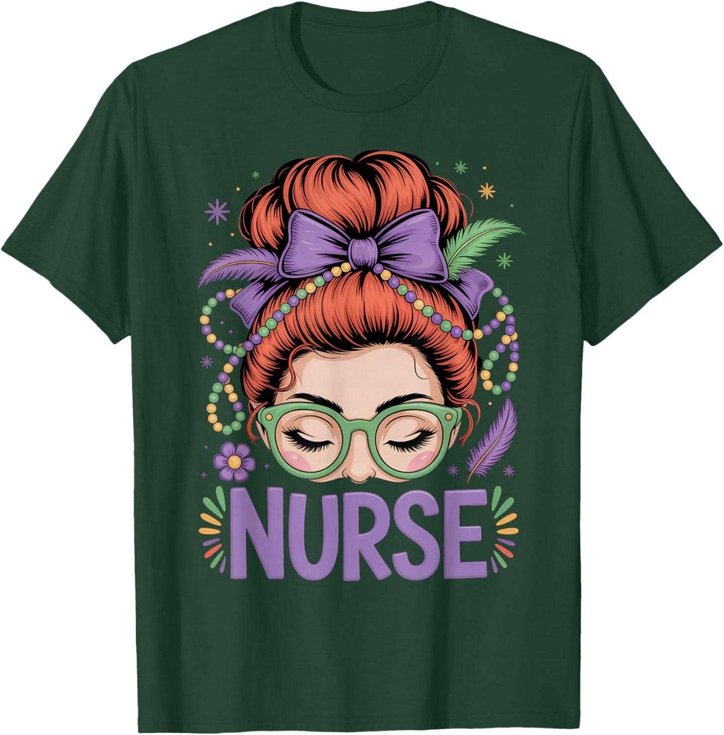 Redhead Nurse Mardi Gras Nursing Student RN LPN CNA HHA NP T-Shirt - T-Shirt | Forest