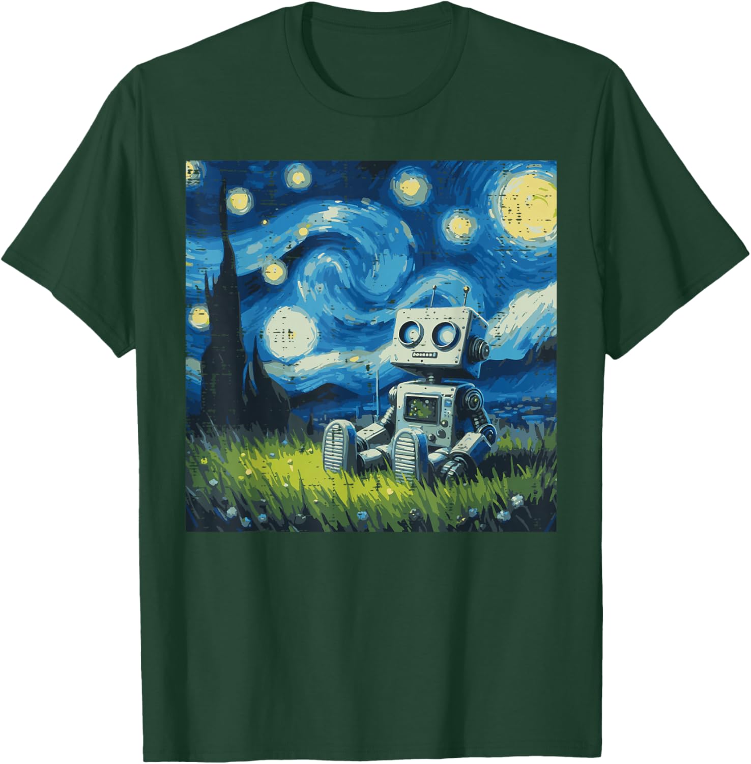Starry Night Robot Funny Painting Art Meme Kids Men Women T-Shirt - T-Shirt | Forest