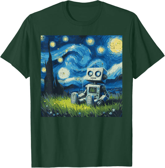 Starry Night Robot Funny Painting Art Meme Kids Men Women T-Shirt - T-Shirt | Forest