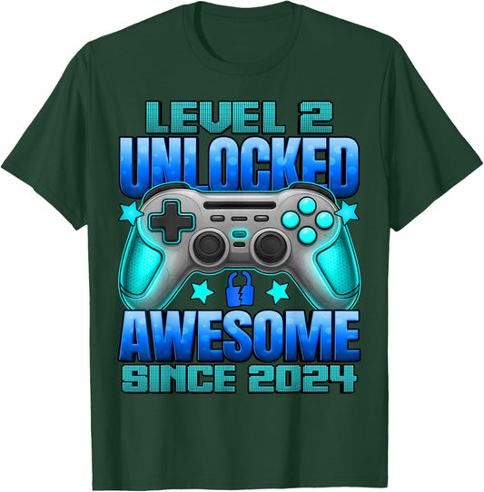 Level 2 Unlocked 2 Year Old Gifts for Boys 2nd Birthday Boy T-Shirt - T-Shirt | Forest