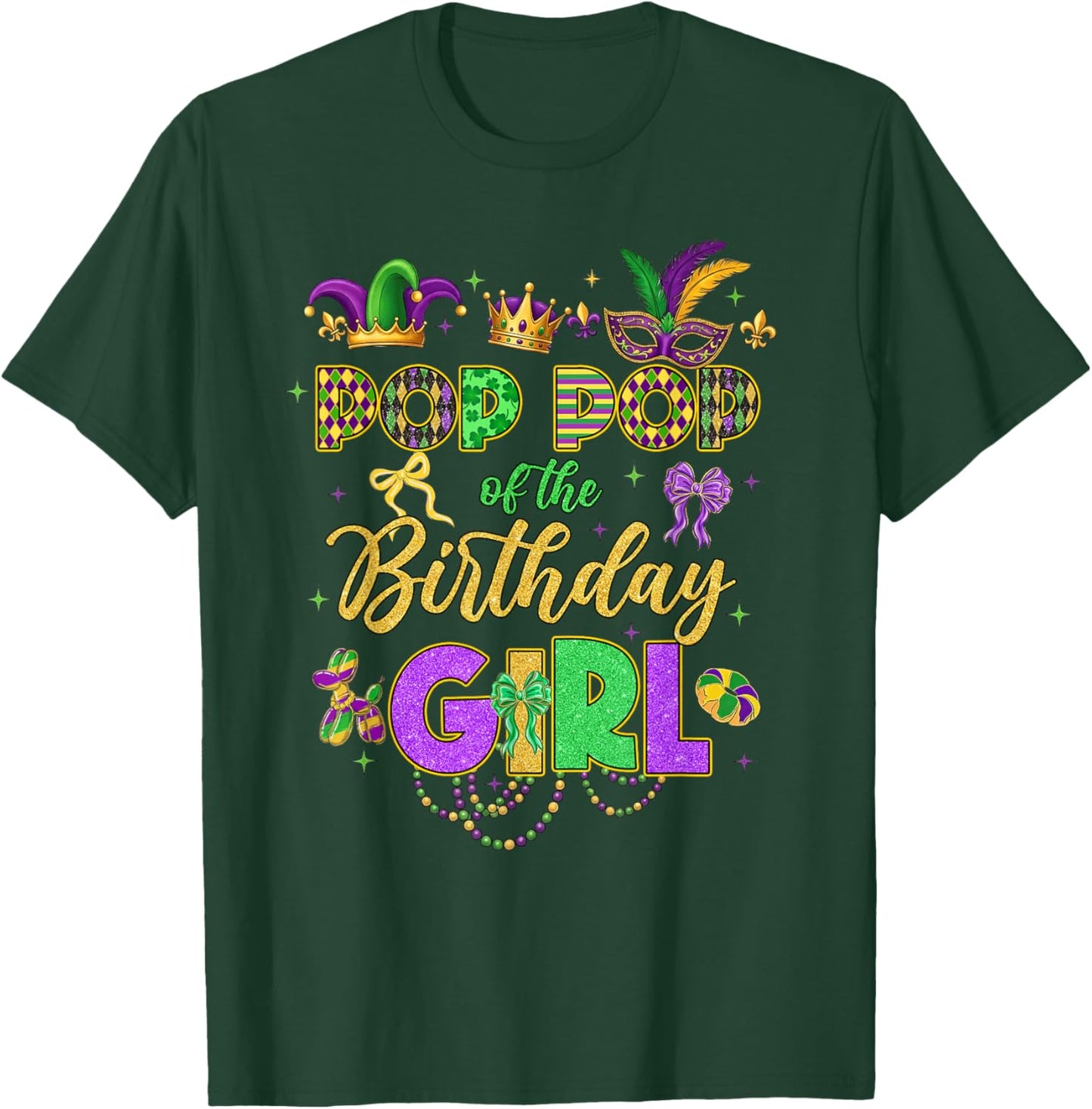 Pop Pop of The Birthday Girl Coquette Bow Mardi Gras Party T-Shirt - T-Shirt | Forest
