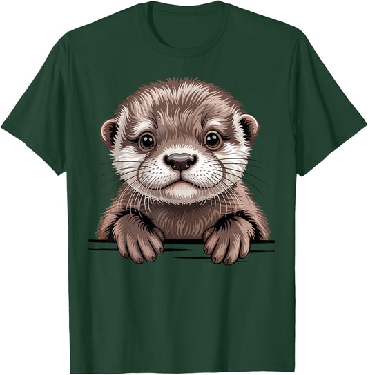 Cute Otter Pup Funny Peeking Pocket Animals T-Shirt - T-Shirt | Forest