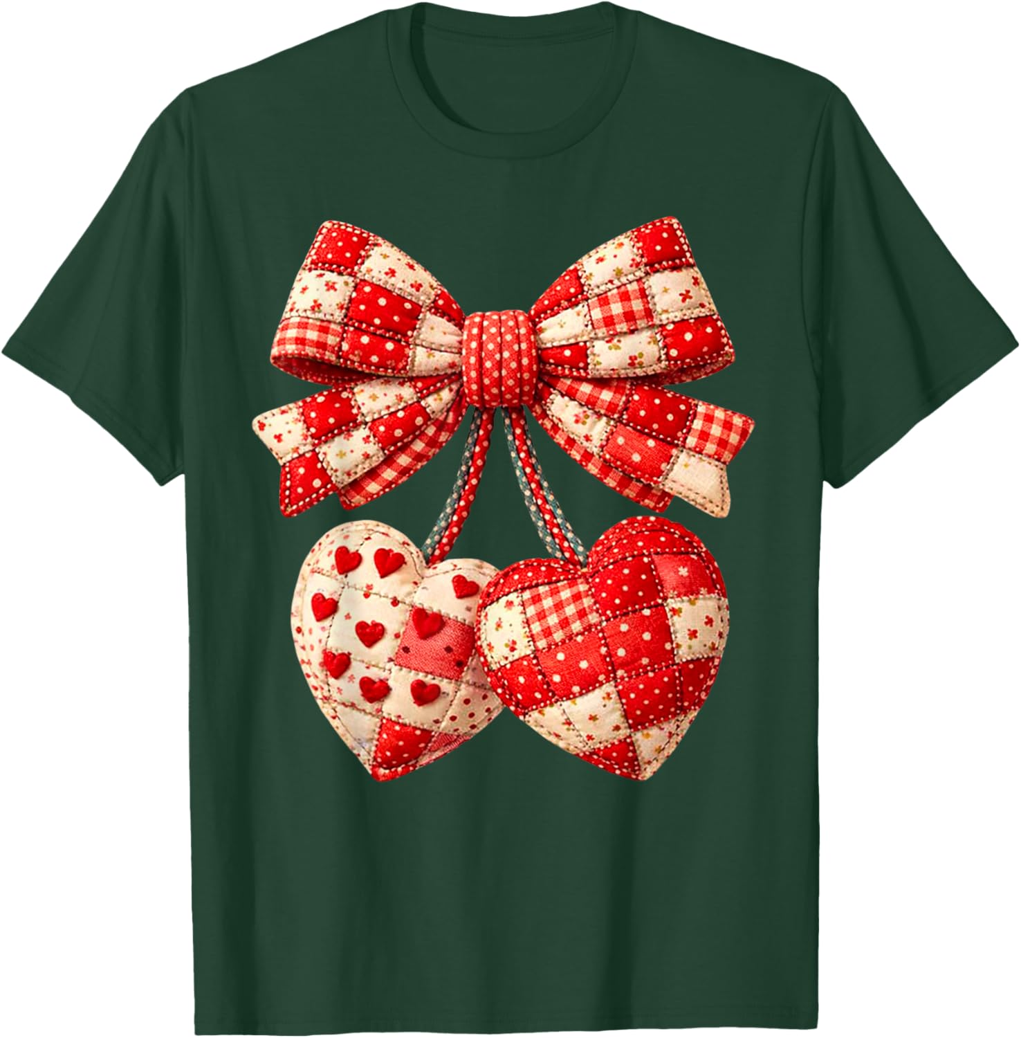 Valentine Hearts Bow Patchwork Graphic Art Romantic Quilted T-Shirt - T-Shirt | Forest