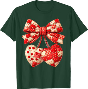 Valentine Hearts Bow Patchwork Graphic Art Romantic Quilted T-Shirt - T-Shirt | Forest