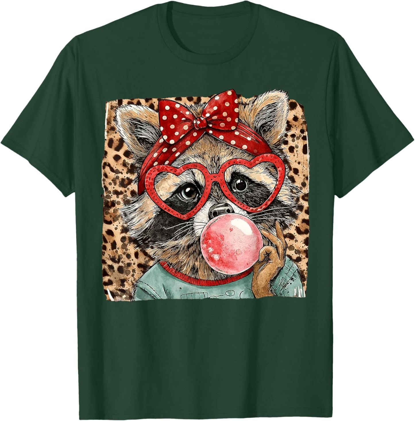 Vintage Leopard Racoon Bow Blowing Bubble Gum Valentine T-Shirt - T-Shirt | Forest