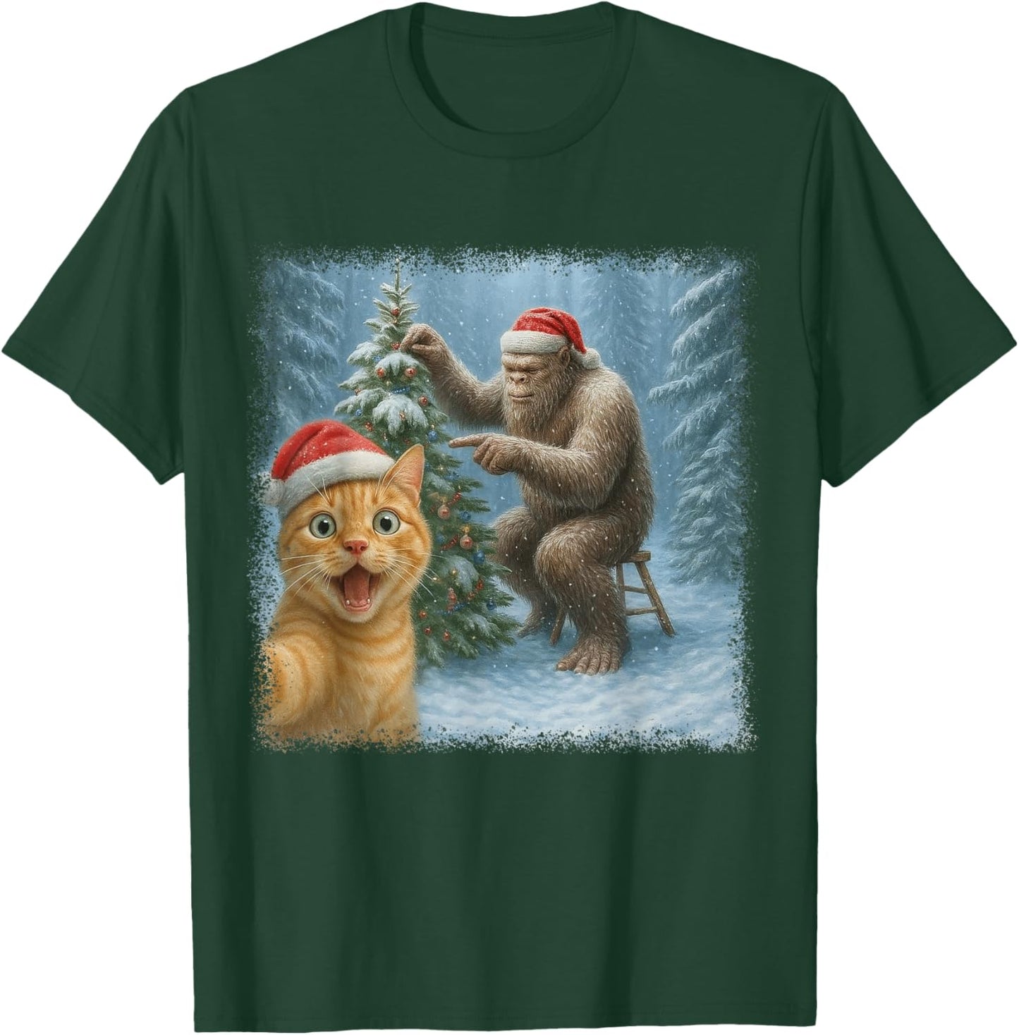 Funny Cat Selfie with Bigfoot Winter Christmas Sasquatch T-Shirt - T-Shirt | Forest
