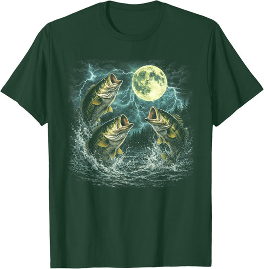 Bass Fish Howling at The Moon 90s Vintage Bass Fishing T-Shirt - T-Shirt | Forest