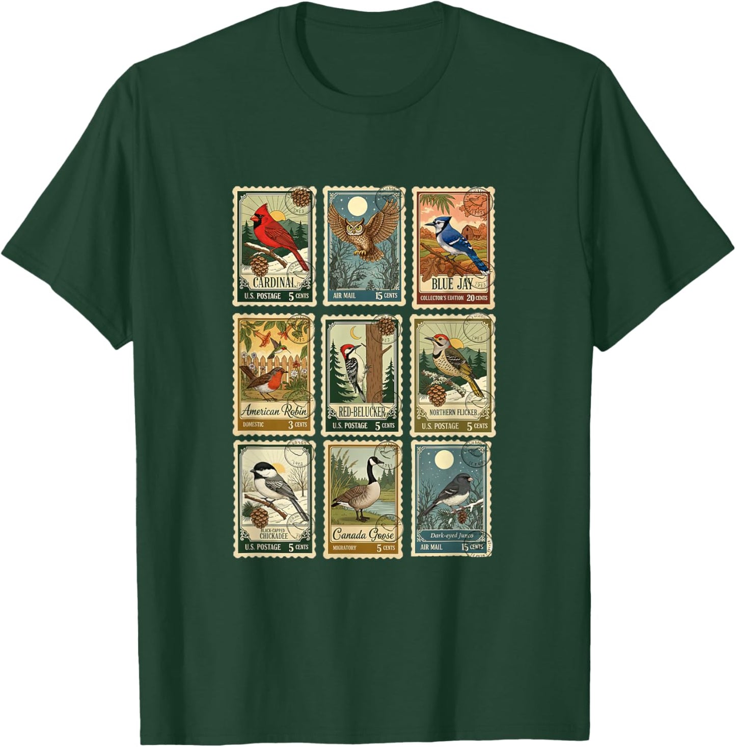 Vintage Bird Stamp Bird Watcher Nature Birding Birdwatching T-Shirt - T-Shirt | Forest