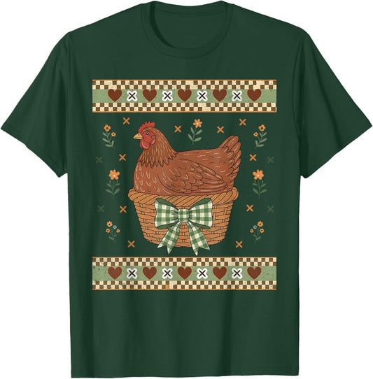 Vintage Hen in Nest Coquette Bow Retro Chicken Cottagecore T-Shirt - T-Shirt | Forest