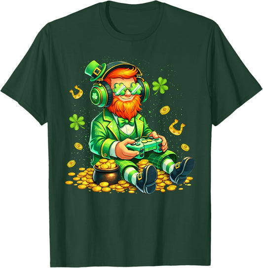 St Patricks Day Video Game Leprechaun Gamer Kids Boys Gaming T-Shirt - T-Shirt | Forest