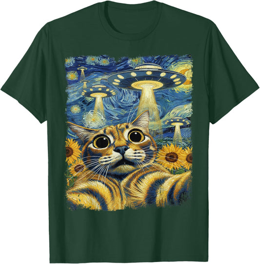 Cat Selfie with UFO Starry Night Van Gogh Cat Men Women Kids T-Shirt - T-Shirt | Forest