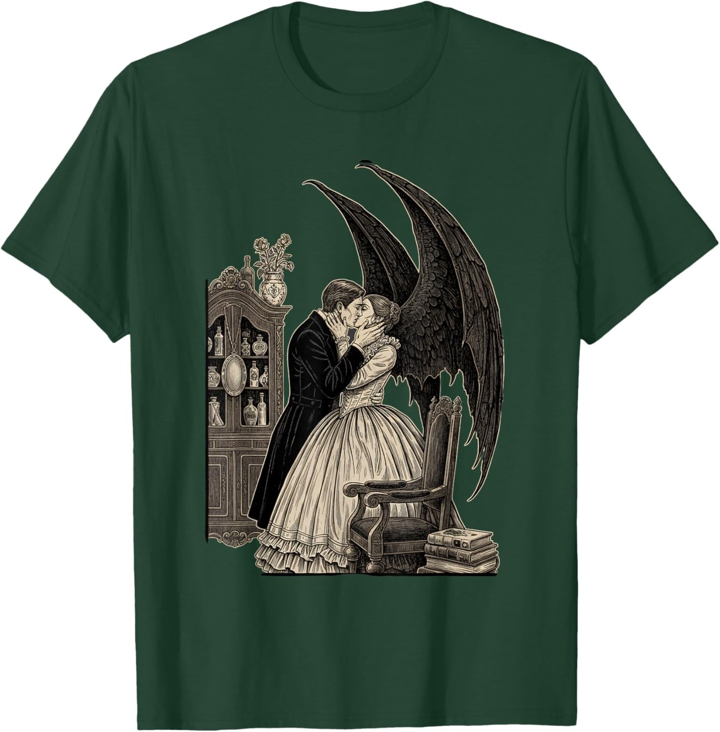 Gothic Vampire Kiss Victorian Couple Wings Halloween Romance T-Shirt - T-Shirt | Forest