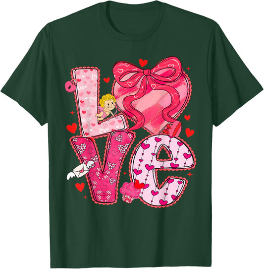Valentine Love Heart Coquette Bow Cute Women Kids Girl T-Shirt - T-Shirt | Forest
