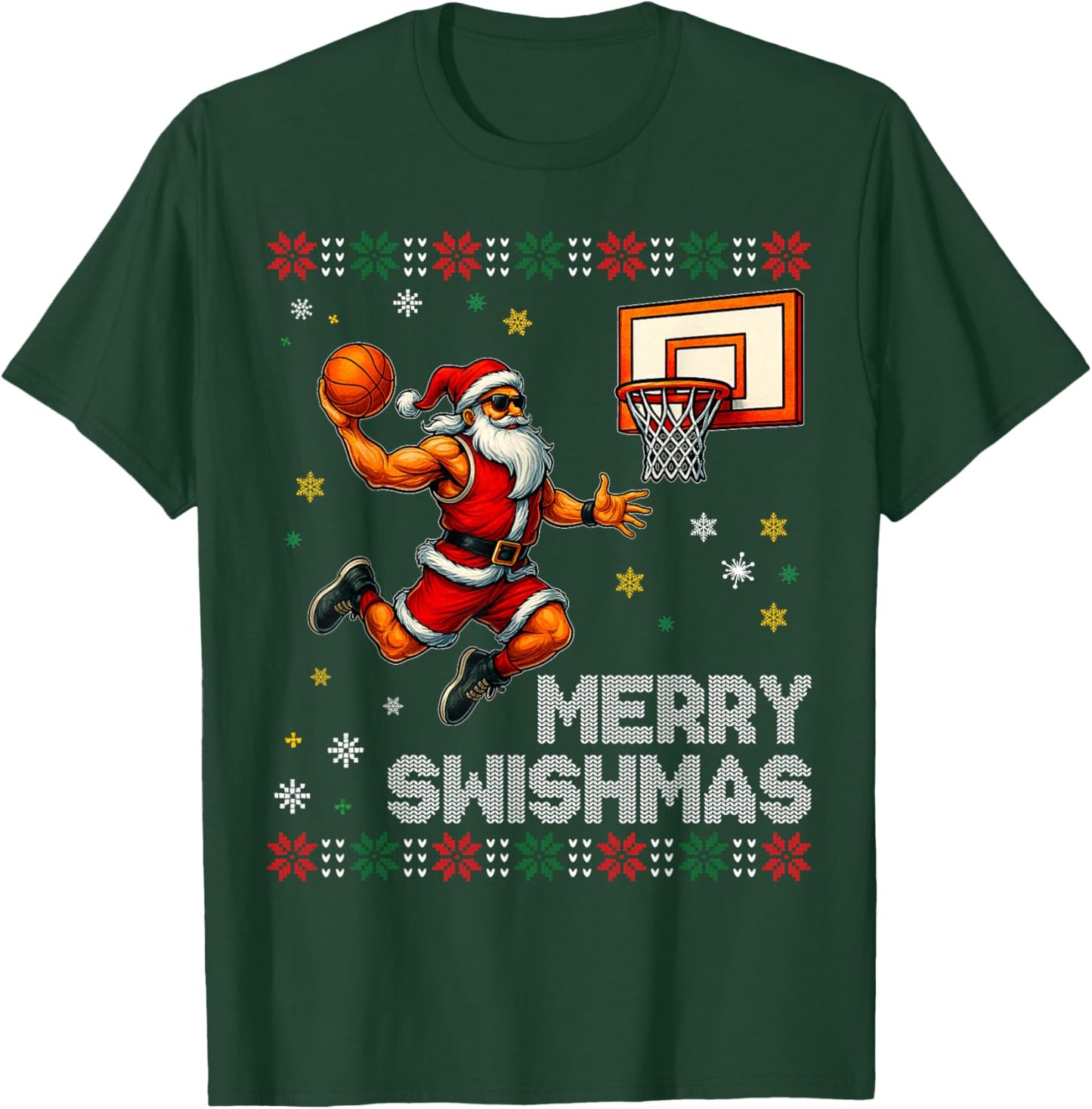 Santa Dunking Basketball Merry Swishmas Design T-Shirt - T-Shirt | Forest